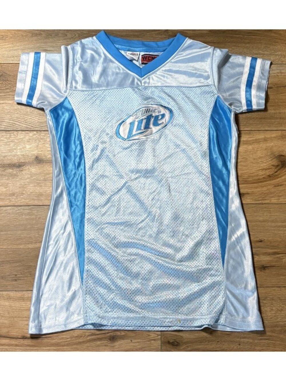 Miller Lite Womens Promo Jersey Sz S Light Blue V Neck Mesh Embroidered